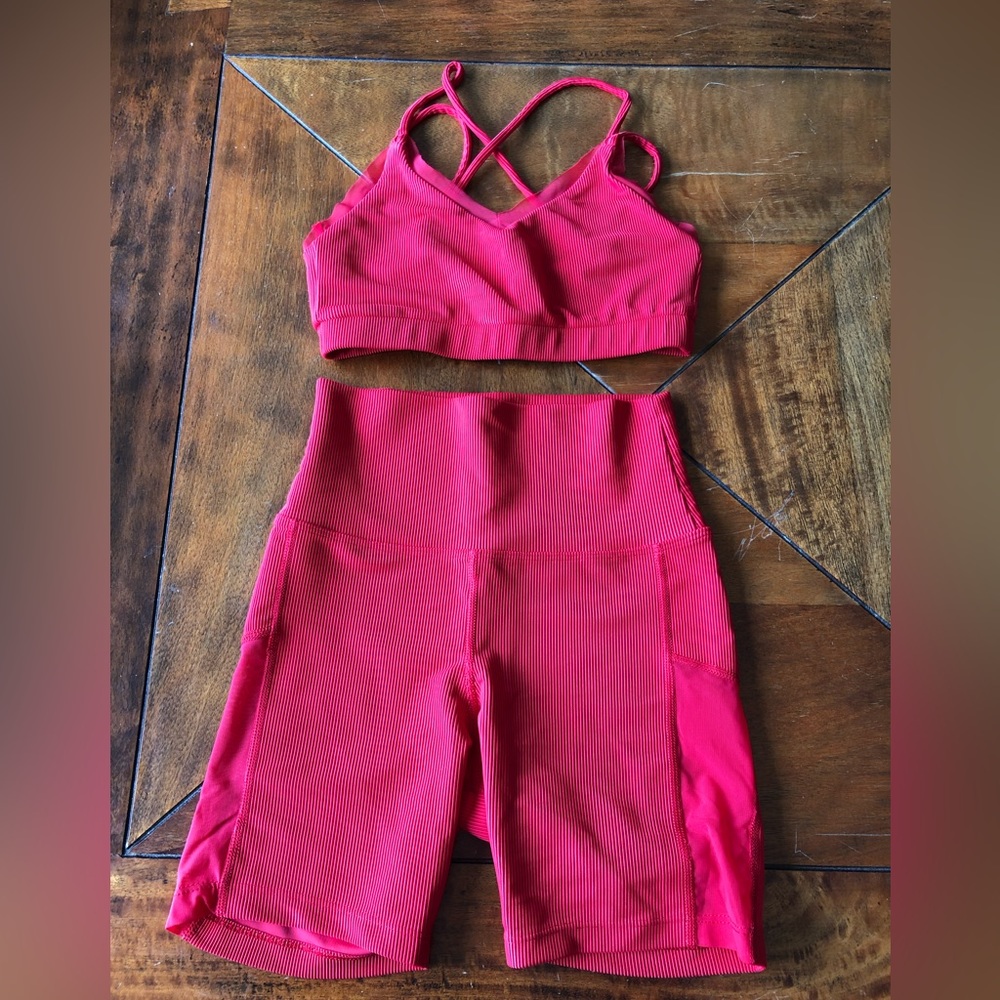 Beach Riot Red Ribbed Biker Shorts with Matching Bra Top Set, Size Small